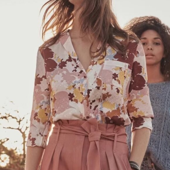 Sezane Florence Silk Shirt Blouse Top FR36/US4 Printed Watercolor French - Picture 1 of 4